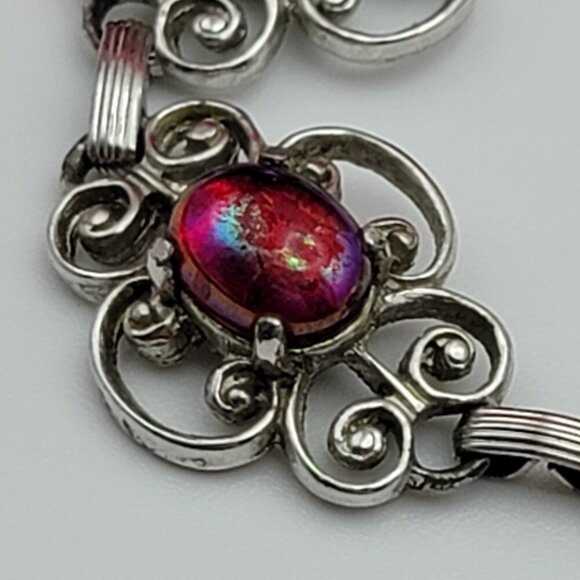 Vintage Emmons Silver Tone Flower Link Red AB Rhinestone Bracelet 7 in Art Deco - Picture 2 of 9